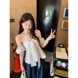 甜美风条纹一字领短袖衬衫女装夏季复古减龄系带露肩上衣