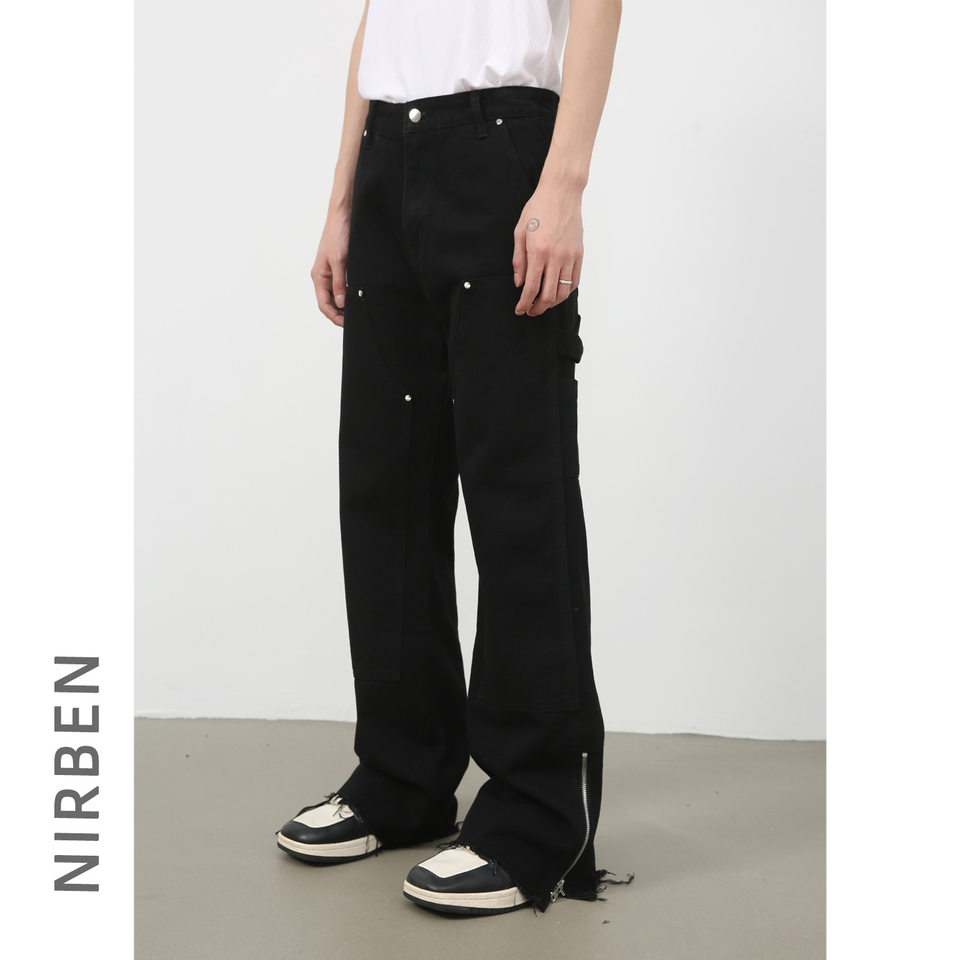 Quần jean nam ống suông phối khóa kéo phong cách Hàn, quần dài denim mềm mại — Màu đen