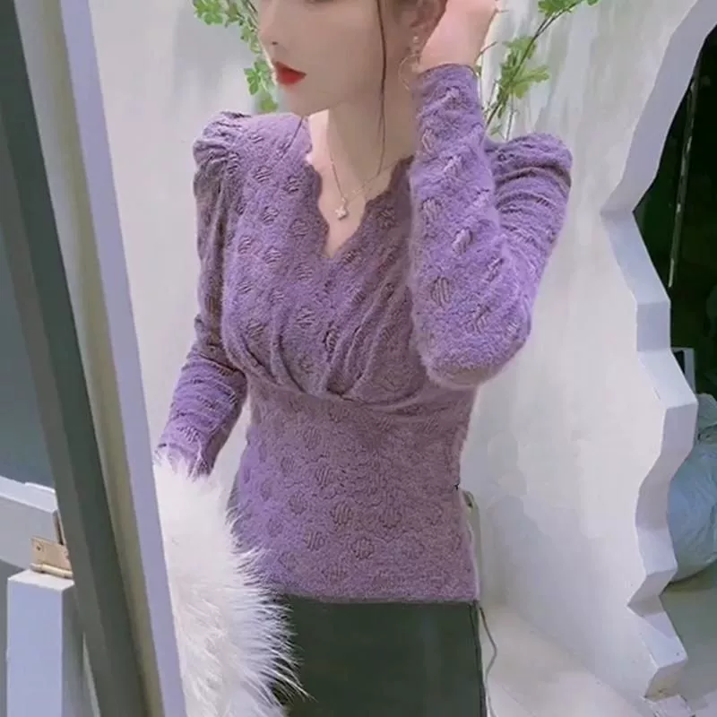 [2025 春季新款洋气小衫紫色内搭蕾丝衫女V领高级感打底衫内穿上衣]