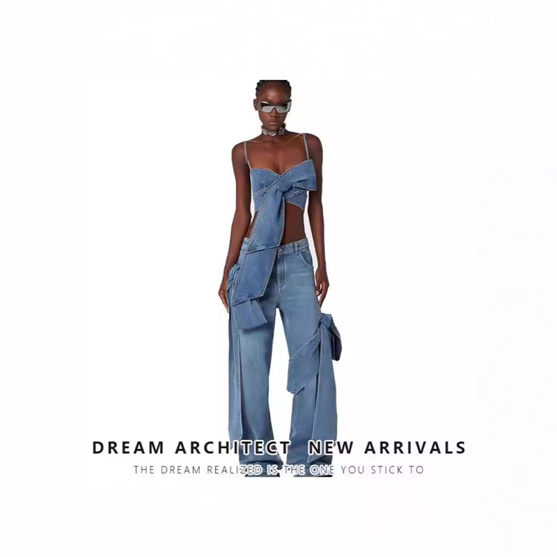 New Vintage Spice Girl Personalized Three-Dimensional Bow Tube Top Vest Knot Straight Tube Wide Leg Old Jeans Set