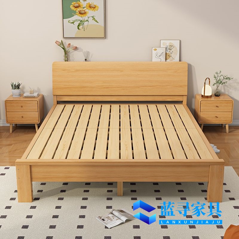 Solid Wood Bed with Installation Included 1.8m Solid Wood Double Bed for Home Use 1.5m Small Apartment Rental 1m1.2m Single Bed
