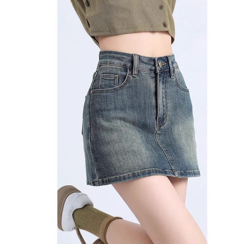 Spice Girl Vintage Denim Skirt Women's Spring Short Stretch Culottes High Waist Slim-Resisting Anti-walking Sheath Skirt