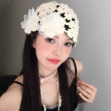 韩系优雅花朵薄款镂空毛线套头帽女百搭手工钩针夏季气质针织帽子