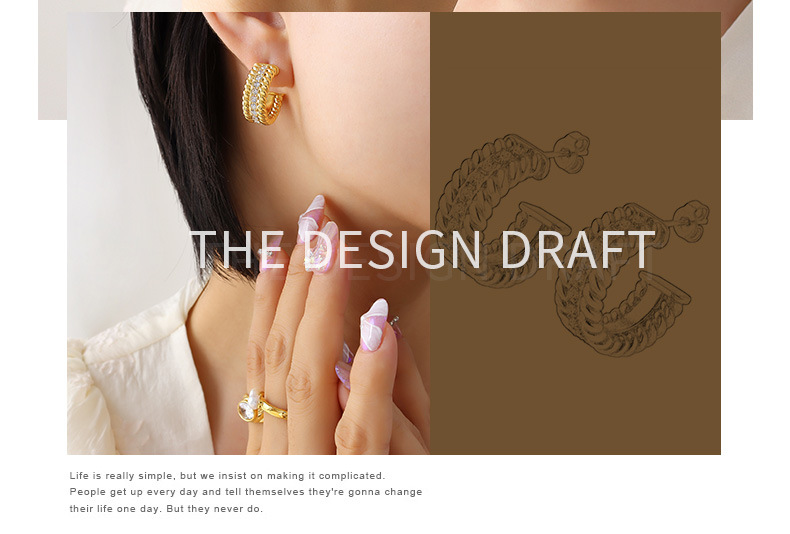 Retro C Shape Titanium Steel Inlay Zircon Ear Studs 1 Pair