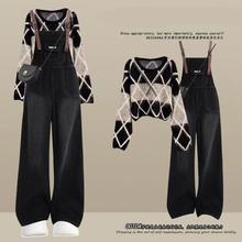 秋季一整套穿搭女2024新款小个子时尚减龄背带裤百搭毛衣两件套装