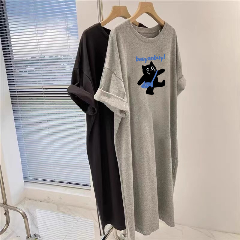 South Korea Summer Over-the-Knee Midi Dress T-shirt dress Cute Cat Cartoon Short Sleeve Loose Belly Covering Casual Dress
