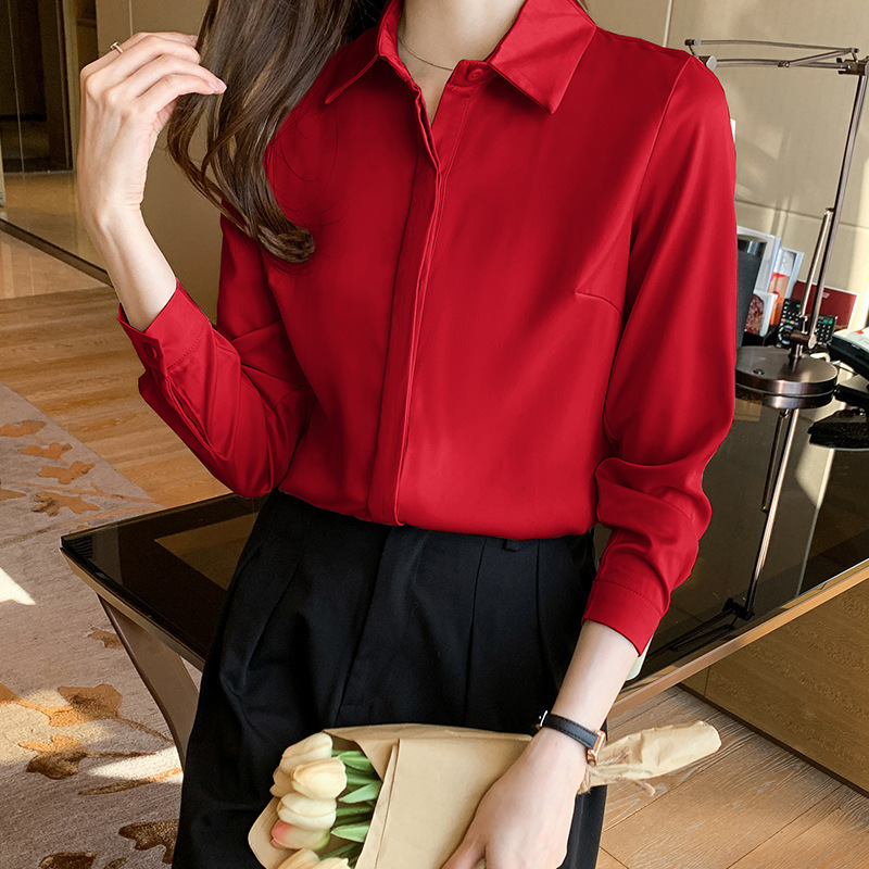 缎面长袖衬衫女2025秋季新款设计感小众轻熟港风雪纺衫衬衣A5974|undefined