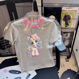 跨境直供女童印花休闲卡通动漫百搭夏季新款撞色洋气短袖T恤圆领
