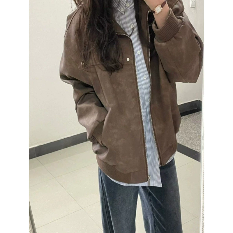 Американский ретро коричневый отворот куртка женская весна и осень 2025 имитация замши премиум пара куртка топ