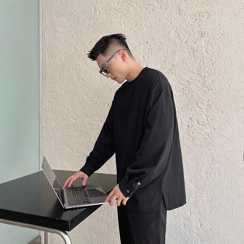 百搭春秋款感下摆开叉打底衫卫衣男士慵懒风个性休闲宽松长袖上衣