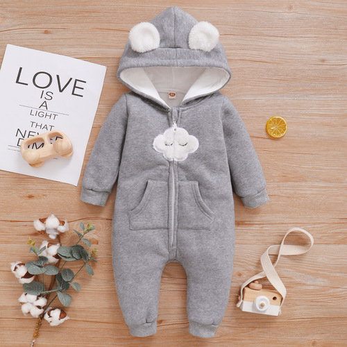 European and American children's clothing 0-2 years old cloud hoodie one-piece suit cotton rabbit ears zipper long sleeves long legs hat bag fart suit