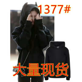 现货金智妮同款黑色小恶魔连帽套头卫衣女春秋休闲宽松薄款上衣