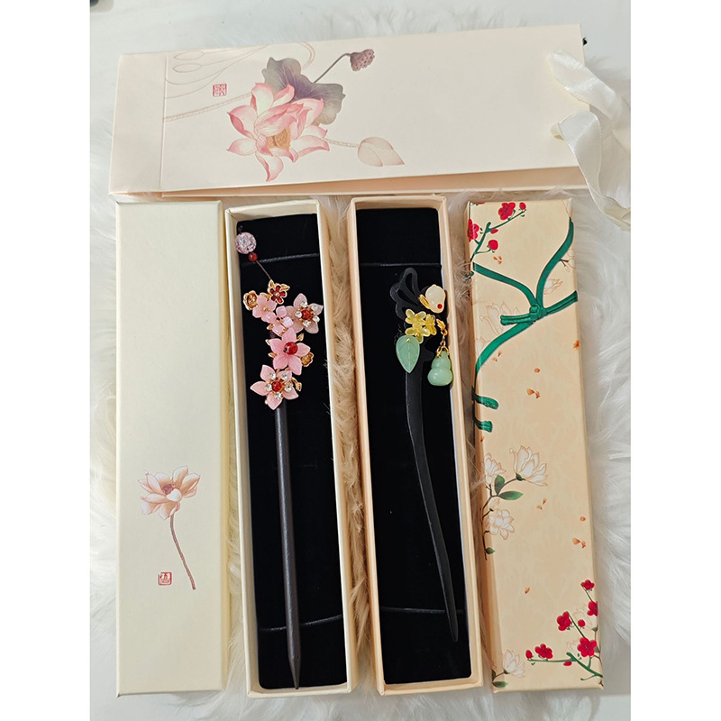 现货批发纸制经典复古紫檀发簪包装盒子长款吊坠项链礼品首饰盒