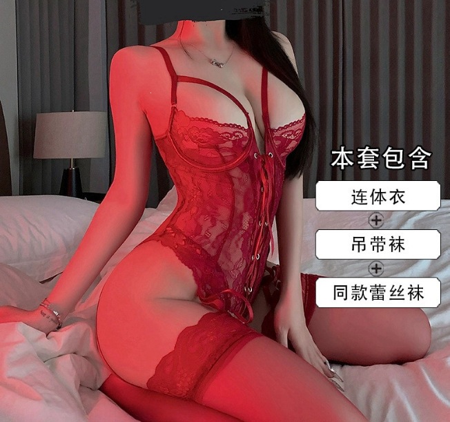 Red [onesie + garter strap] + red stockings + red gloves