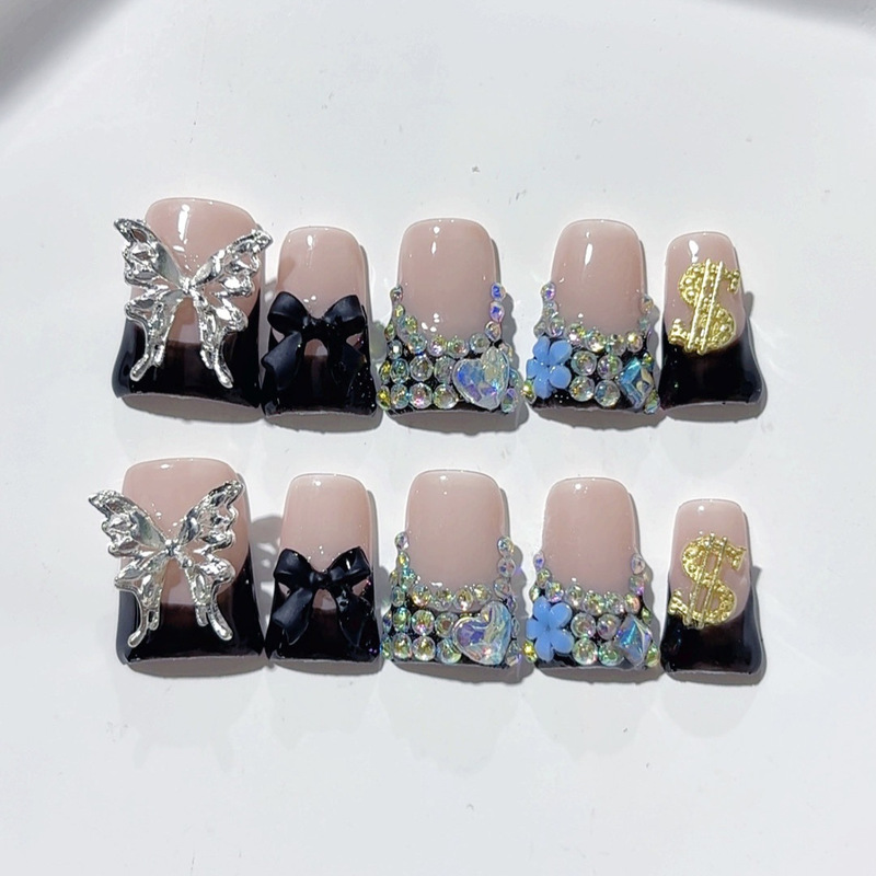 European and American Hot-Selling Short Duckbill Nails Black French Bow Flash Diamond Handmade Wearable Nails Press-On Fake Nails European and American Hot-Selling Short Duckbill Nails Black French Bow Flash Diamond Handmade Wearable Nails Press-On Fake Nails