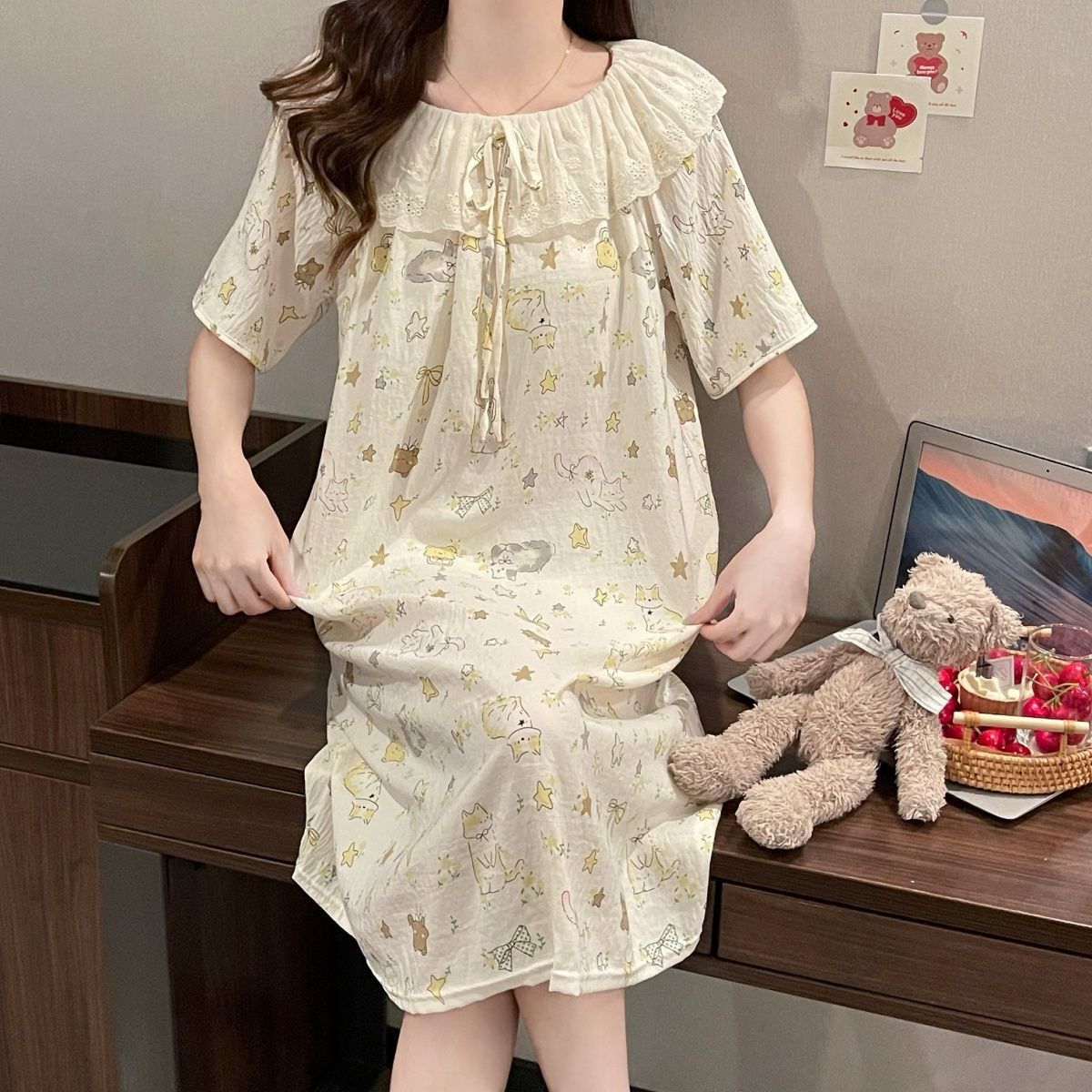 Venta al por mayor transfronteriza verano nuevo estilo dulce camisón casual hogar con almohadilla para el pecho pijamas de una pieza ropa de aire acondicionado para el hogar de las mujeres