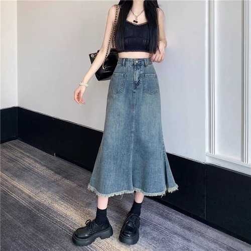 Vintage Cowboy Semi-Body Skirt for Women 2025 Spring and Summer High-Waist Slimming Fringe Medium-Length Fish Tail Skirt Trendy