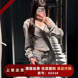 品质 美式休闲连帽收腰鱼骨短款拉链开衫外套辣妹卫衣上衣女
