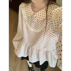 红色波点娃娃领2025新款双层花边日系可爱娃娃衫长袖衬衫上衣