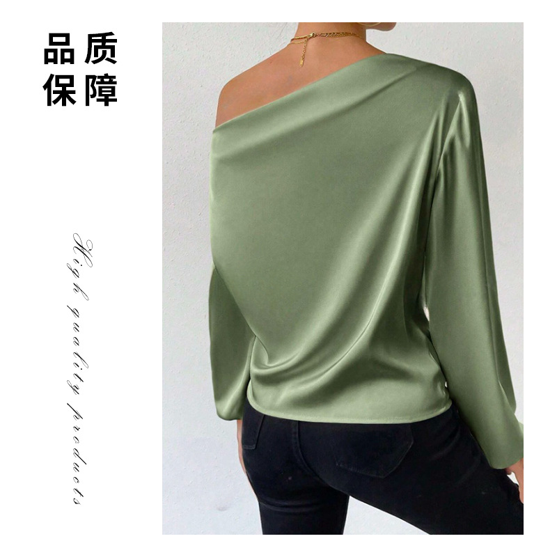 Camisa de manga larga con diseño de hombros inclinados, jersey asimétrico para mujer, largo de satén de color puro europeo y americano transfronterizo de Amazon