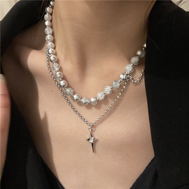 Double Layered Stainless Steel Necklace Niche Cross Round Bead Cold Wind Y2k Male And Female Clavicle Chain display picture 3