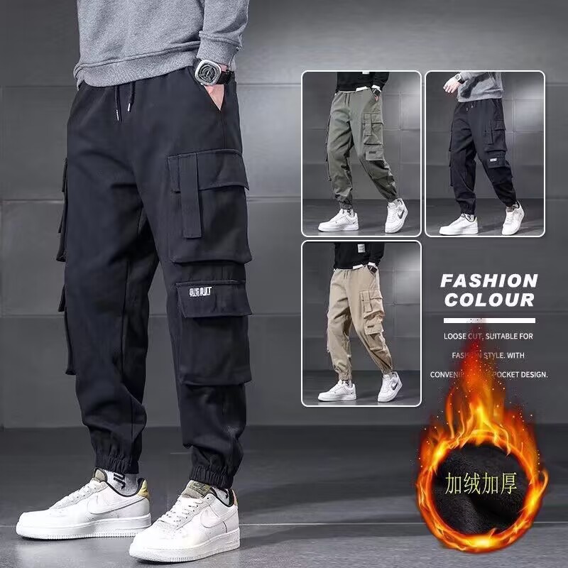Men's Cargo Pants Autumn American Retro Japanese Trendy Brand Spring and Autumn Multi-Pocket Jogger Casual Fleece Pants Cross-Border