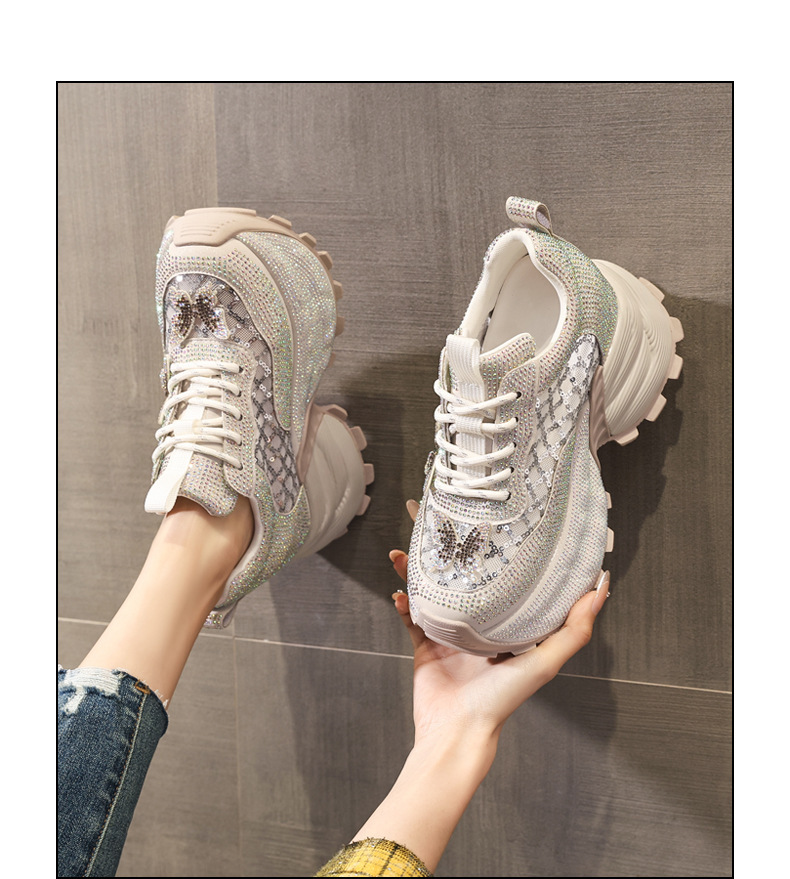 Giày sneaker nữ chunky đế dày đính đá pha lê thời trang — màu be chi tiết 14