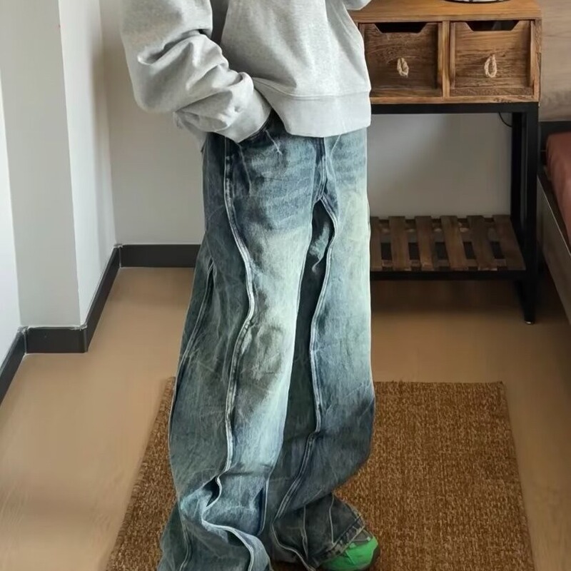 plus size American Style Retro Wash Side Curve Cut Wave Jeans Teenager Slimming All-match High Waist Long