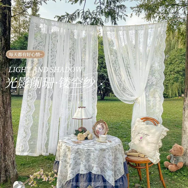 透光蕾丝白色薄纱窗帘客厅飘窗网红ins风透明中古提花纱帘成品布