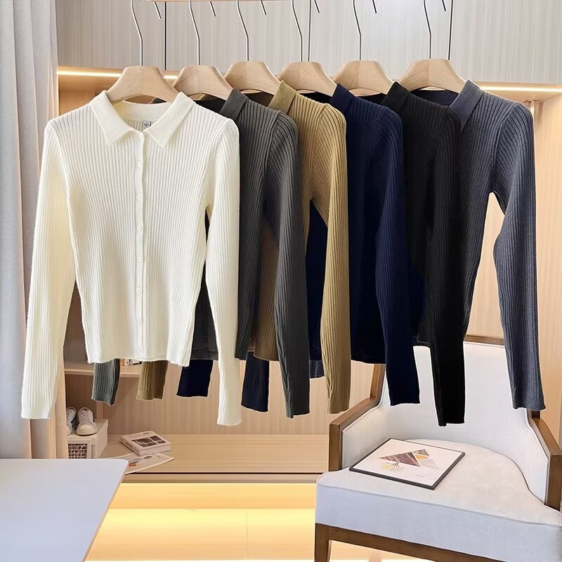 Polo Collar Knitted Cardigan Women's 2024 Autum New Pure Color Versatile Bottoming Shirt Long-Sleeved Jacket Women 469483