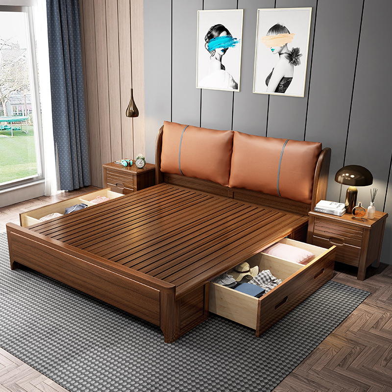Cama de madera maciza cubierta suave de nogal cama de lujo moderna cama doble chino simple dormitorio principal presión de aire alta caja de almacenamiento cama de boda