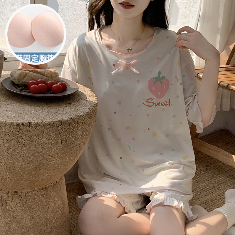 Summer Pajamas for Women with Breast Pads, Sweet Strawberry Ice Silk Thread Short-Sleeved Shorts, Summer Casual Home Wear Set