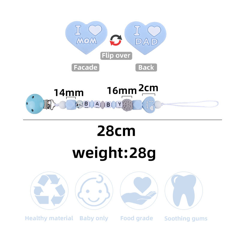 Bebé dibujos animados amor dos lados mamá papá silicona mordedor personalizable bebé nombre pezón cadena anti-caída