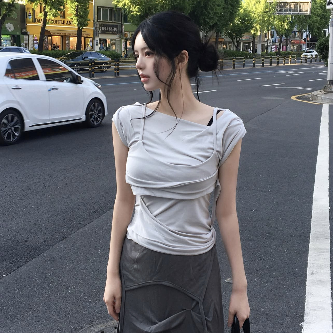 Design asymmetrical sexy summer short sleeve T-shirt