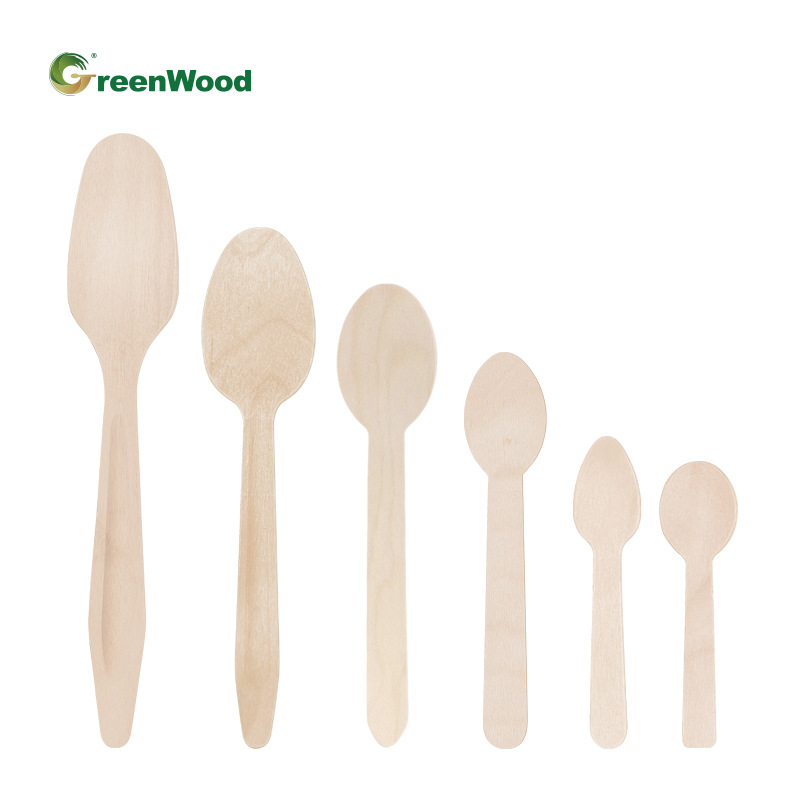 Cucharas de madera desechables de paquete único, cucharas de bebida biodegradables personalizadas.