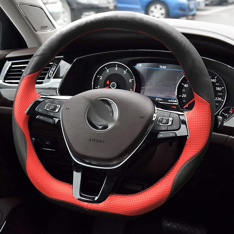 Cubierta del volante Lingdu costura a mano Passat Mai Sagitar CC Tiguan L Golf Tu Yue X Ang de cuero fibra carbono
