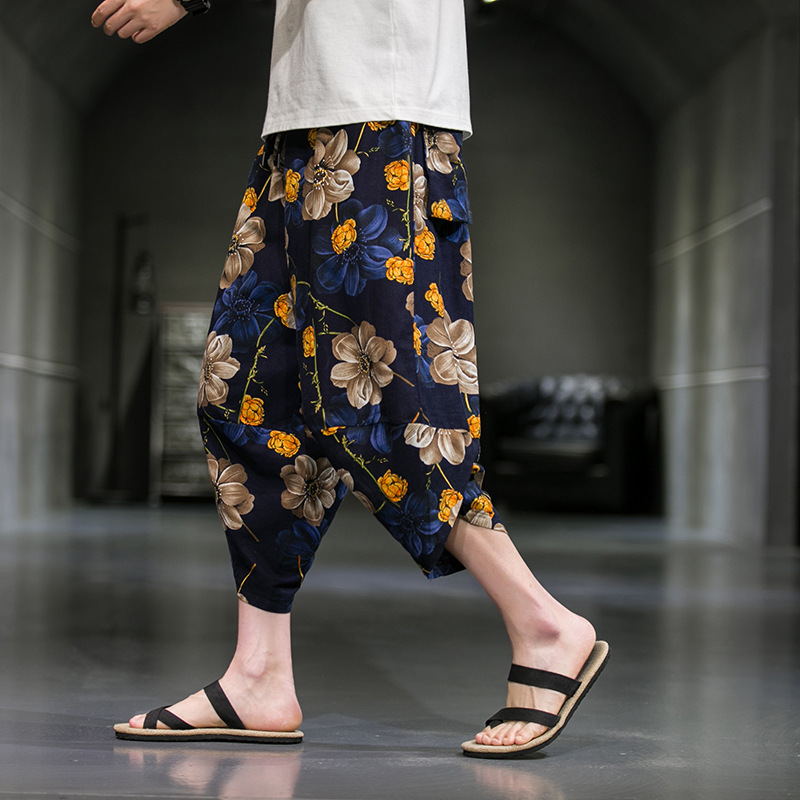 Chinese Style Spring New Cotton and Linen Cropped Pants Men's Loose Large Size