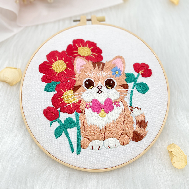 Flor gato traje colgante pintura Lu bordado dibujos animados animal inglés novato bolsa bordado DIY material bolsa salón colgante hecho a mano