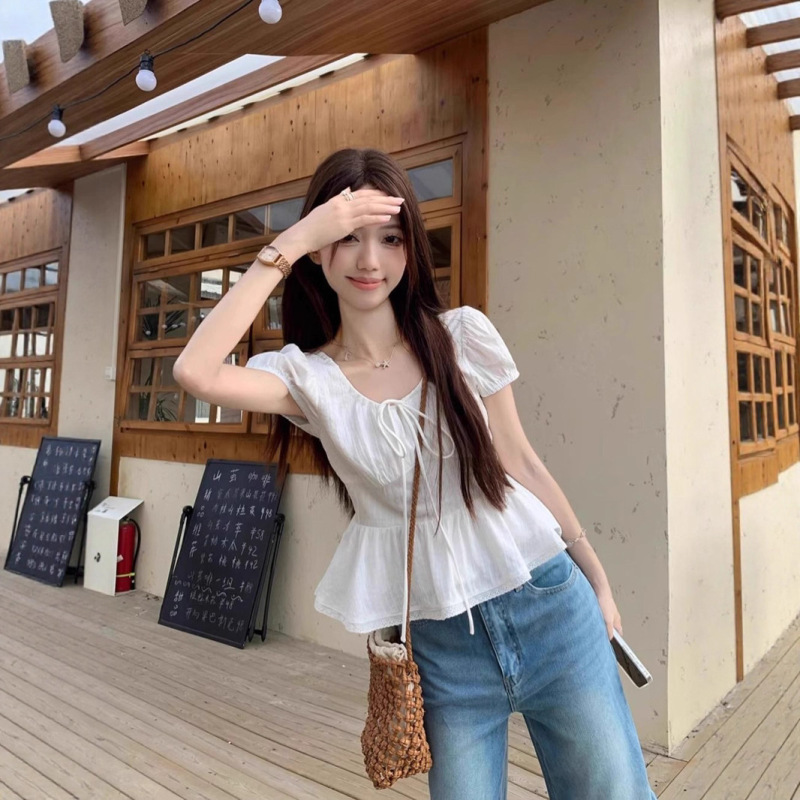 Kumikumi Sweet Style French Lace-Up Puff Sleeve Shirt Women's Summer Age-Reducing Chic Slimming Look White Top