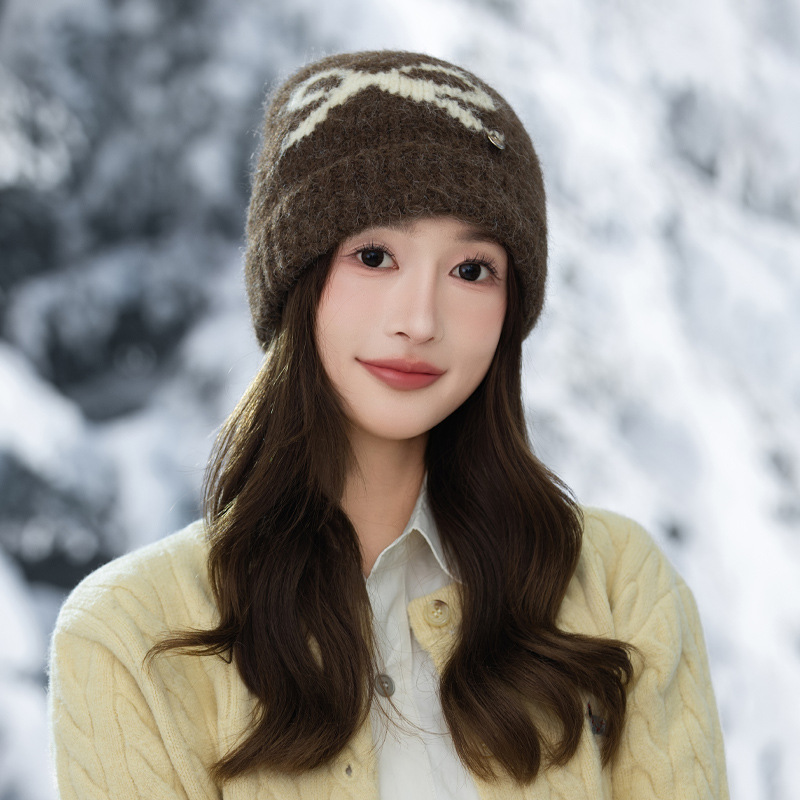 Swee Cue Bow Jacquard Knied Beanie Auumn Winer Lierary Versaile Large Head Circumference Wool Cold-proof Warm_voghion.com