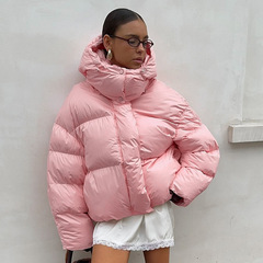 跨境粉色连帽棉服欧美2025年冬季新款加厚面包服外套保暖棉服外套