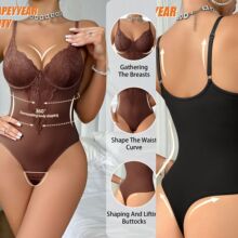 跨境蕾丝拼接大码塑身连体衣女底裆带排扣调节提臀美体性感内衣女