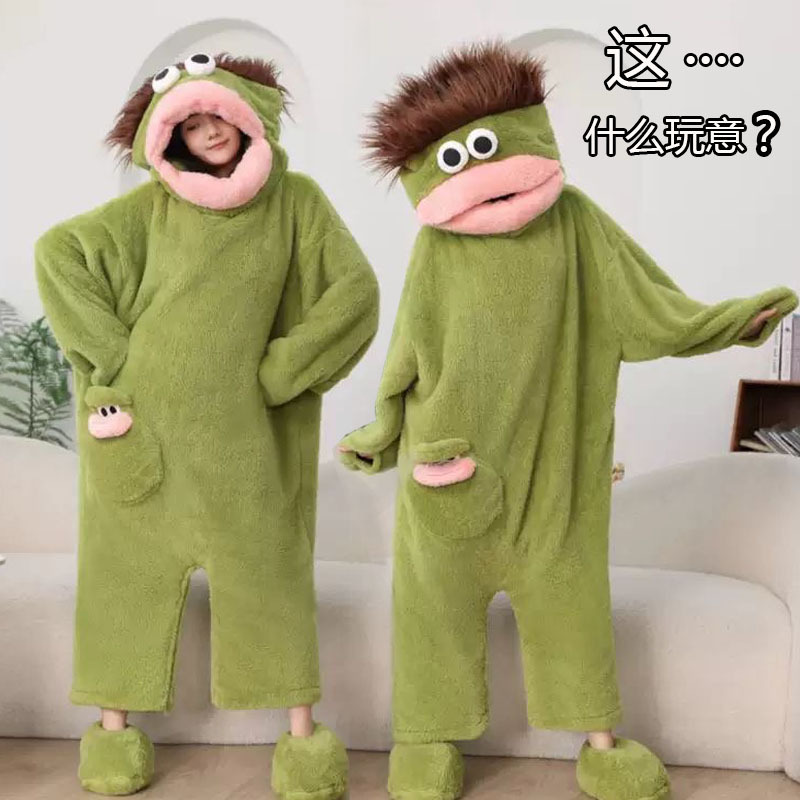 Green Big-Mouthed Monster One-Piece Pajamas for Women, Thickened Ugly Fish Funny Cartoon Abstract Quirky Couple's One-Piece Sleepwear for Men