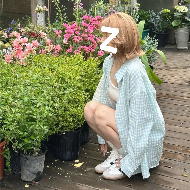 韓国偽ツーピースピンクチェック柄シャツ長袖ジャケットスプライシング春ルーズ新デザインカジュアルトップ|undefined