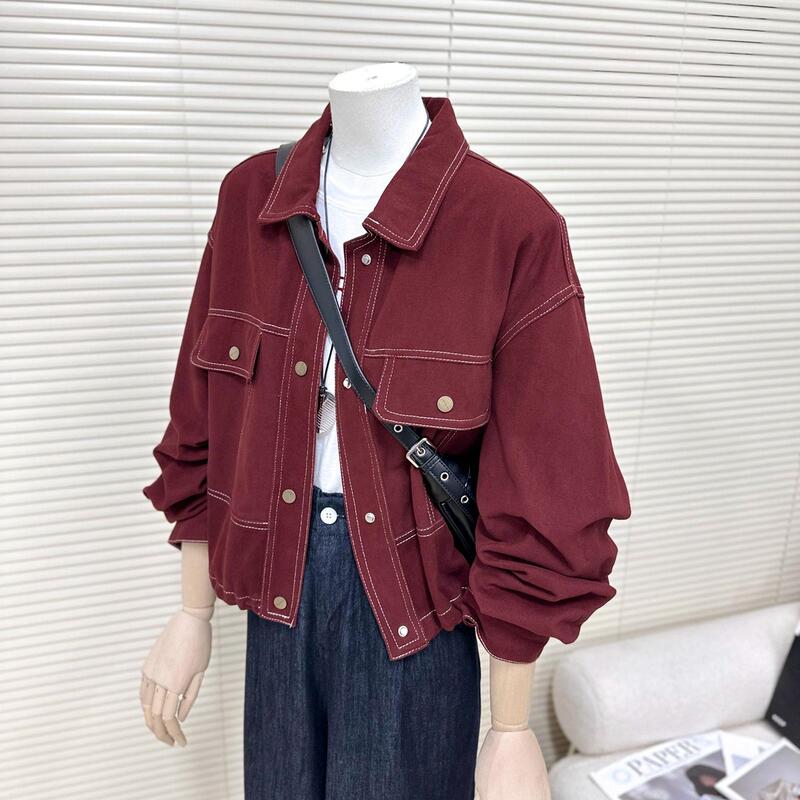 Super Stylish! French Retro Burgundy Denim Jacket for Women, Spring Casual Short Jacket, Loose Fit Trendy Top