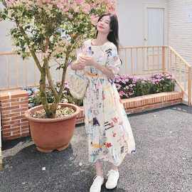 韩系复古时尚气质涂鸦印花收腰显瘦连衣裙女学生夏季过膝A字长裙
