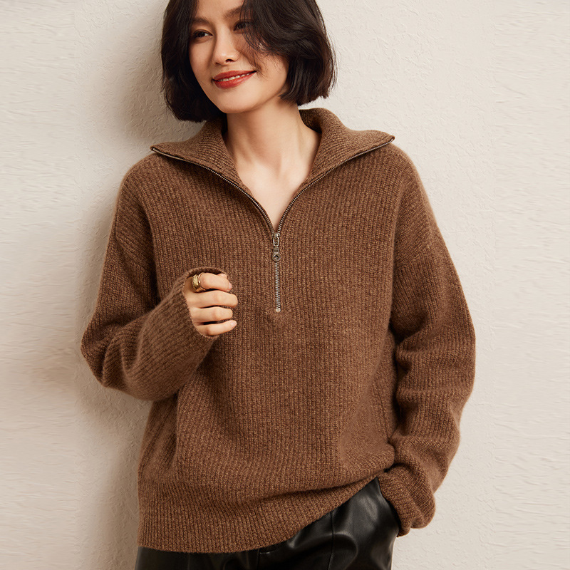 2024 Autumn and Winter New Women's Cashmere Short Loose Round Neck Florine Half-Zip Pullover Base Knit Sweater Sweater