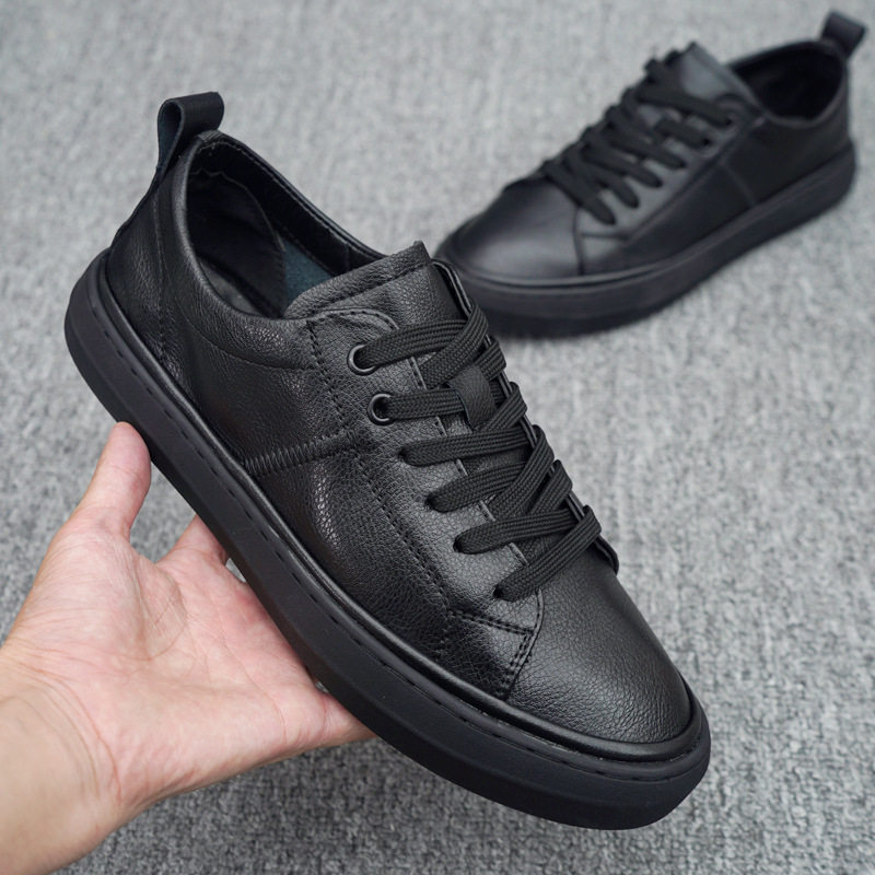 Giày sneaker nam da thật cổ thấp đế bằng, gót thấp 1-3 cm, dây buộc, phong cách thường ngày — Màu trắng 5202, Màu đen 5202