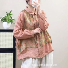 2025秋季新款苎麻印花衬衫女 文艺时尚纯色长袖宽松假两件开衫