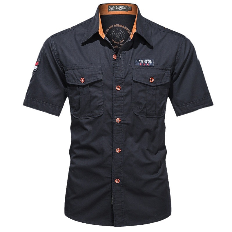 Camisas de mangas cortas de hombre de verano nuevos productos de algodón de mediana edad relajados casuales de color sólido cuello vertical multi-bolsillo chaqueta funcional para hombre